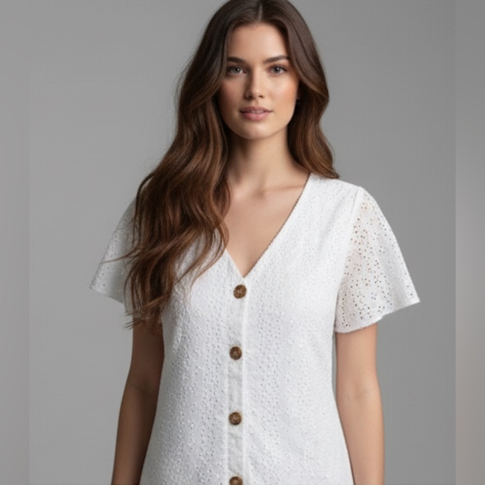 White Eyelet Embroidery Ruffle Hem Smock Dress - Picture 2 of 7